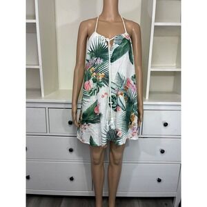 Rip Curl Womens Tropical Floral Halter Mini Dress White Green Rope Strap Large